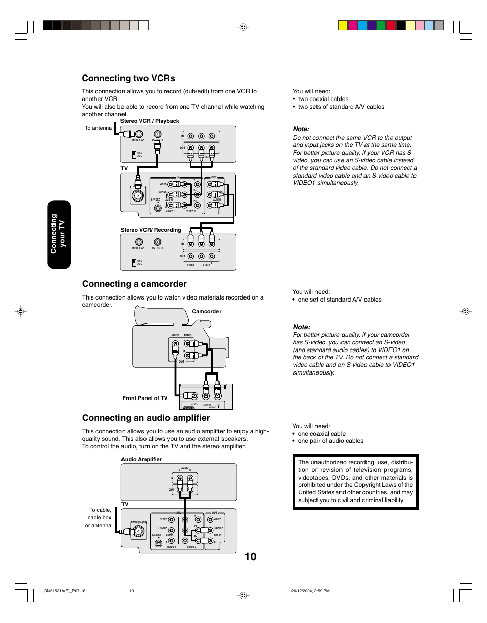 Connecting two vcrs, Connecting a camcorder, Connecting an audio amplifier | Connecting your tv | Toshiba 32A35C User Manual | Page 10 / 32