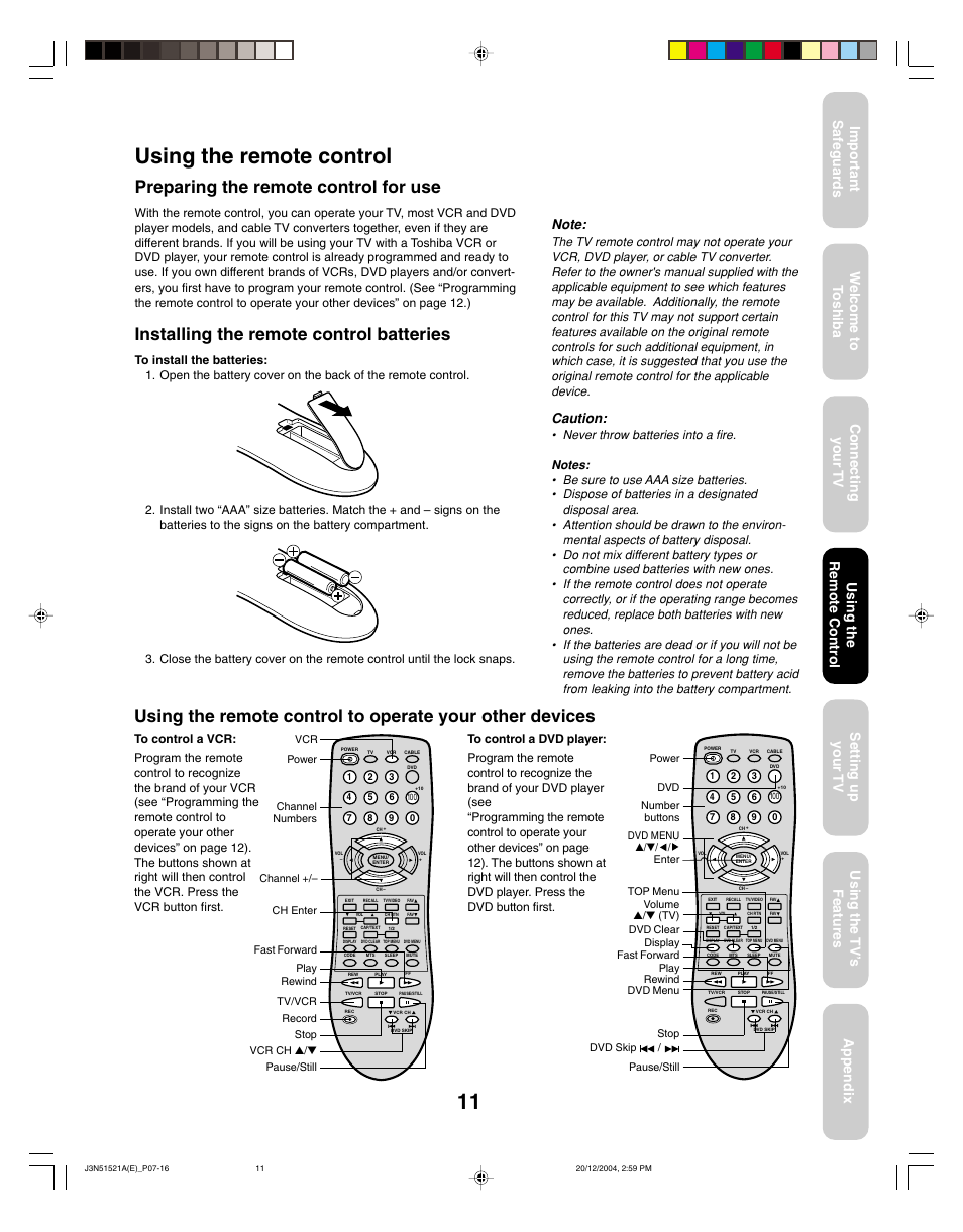 Using the remote control, Preparing the remote control for use, Installing the remote control batteries | Caution | Toshiba 32A35C User Manual | Page 11 / 32