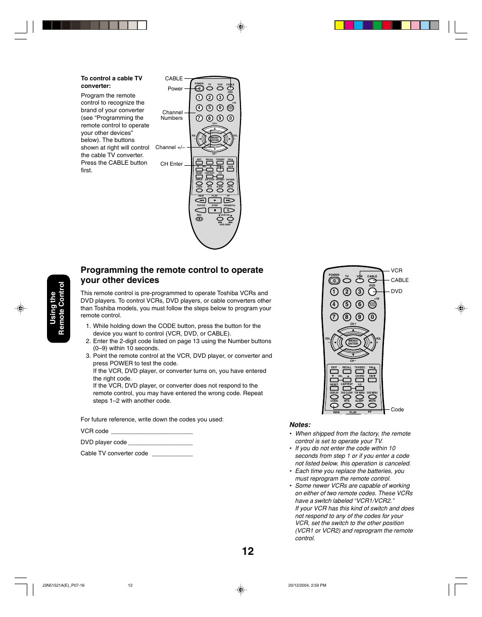 Using the remote control | Toshiba 32A35C User Manual | Page 12 / 32