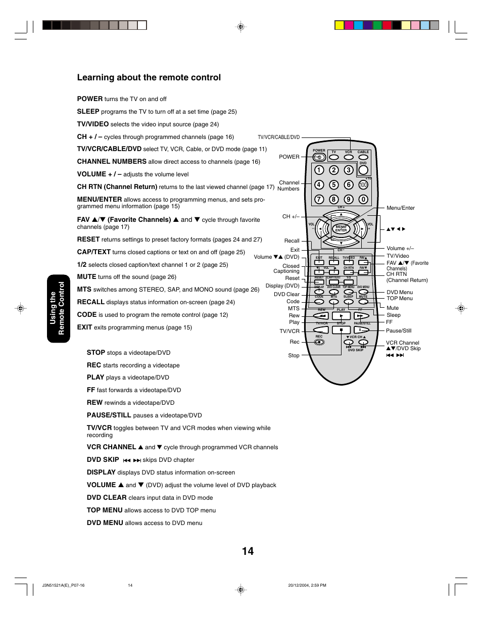 Learning about the remote control, Using the remote control | Toshiba 32A35C User Manual | Page 14 / 32