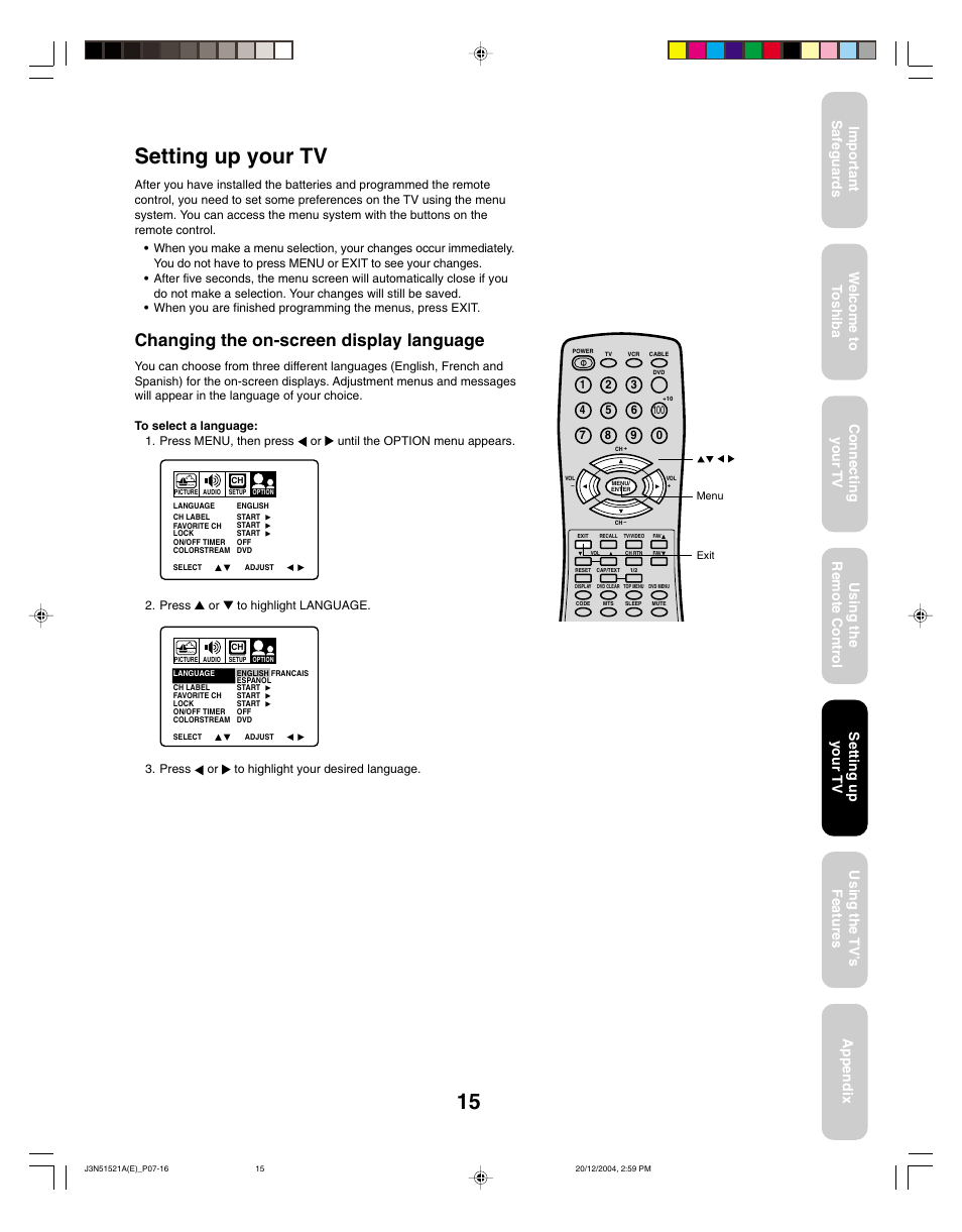 Setting up your tv, Changing the on-screen display language | Toshiba 32A35C User Manual | Page 15 / 32