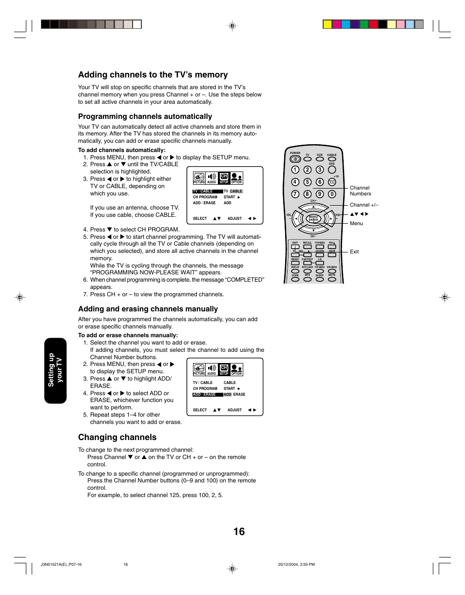 Changing channels, Programming channels automatically, Adding and erasing channels manually | Setting up your tv | Toshiba 32A35C User Manual | Page 16 / 32