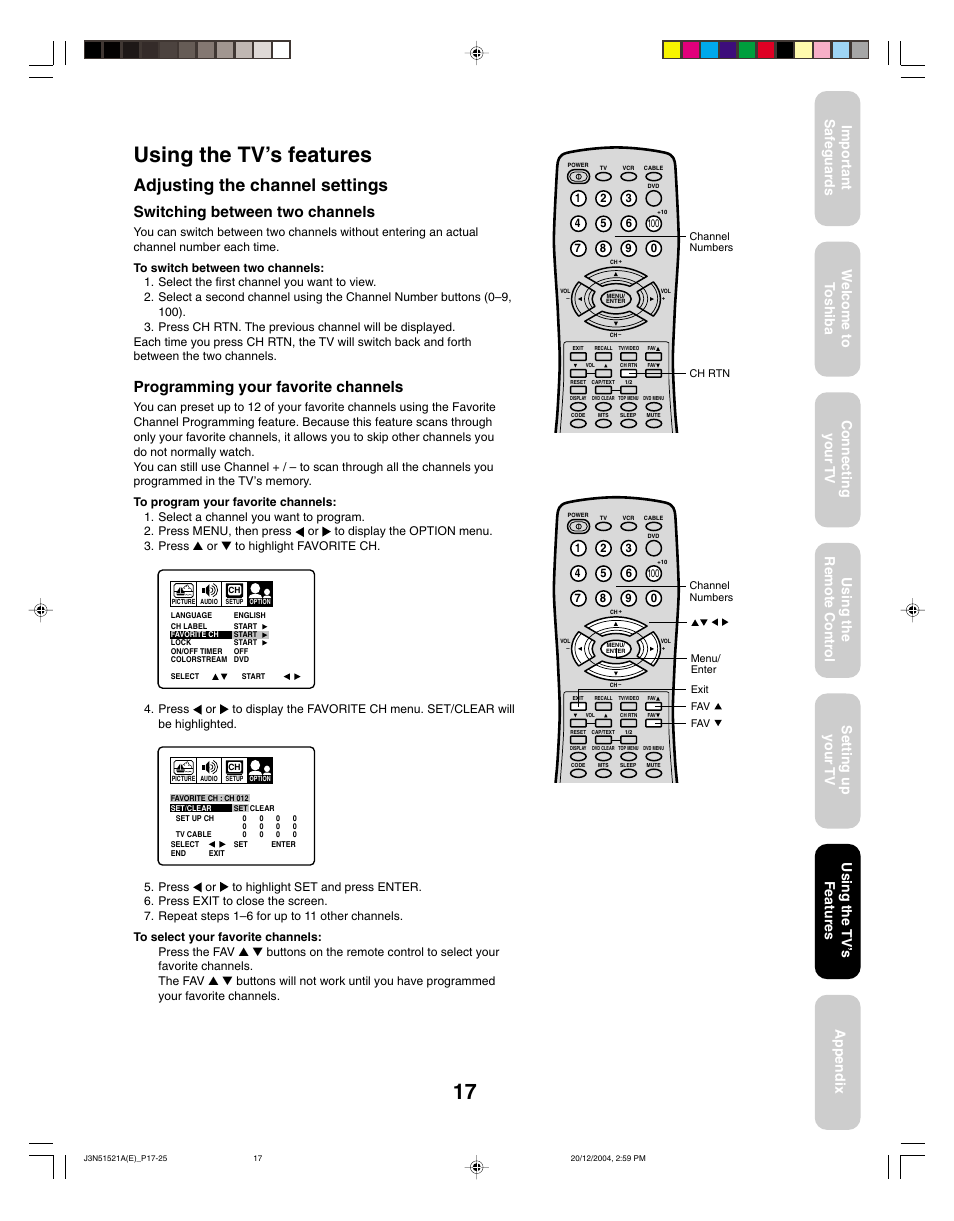 Using the tv’s features, Adjusting the channel settings, Switching between two channels | Programming your favorite channels, Using the tv ’s features | Toshiba 32A35C User Manual | Page 17 / 32