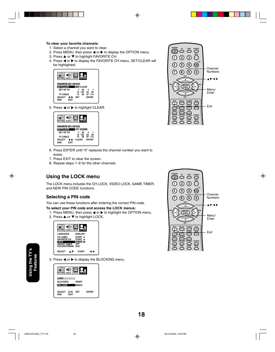 Using the lock menu, Selecting a pin code, Using the tv ’s features | Toshiba 32A35C User Manual | Page 18 / 32