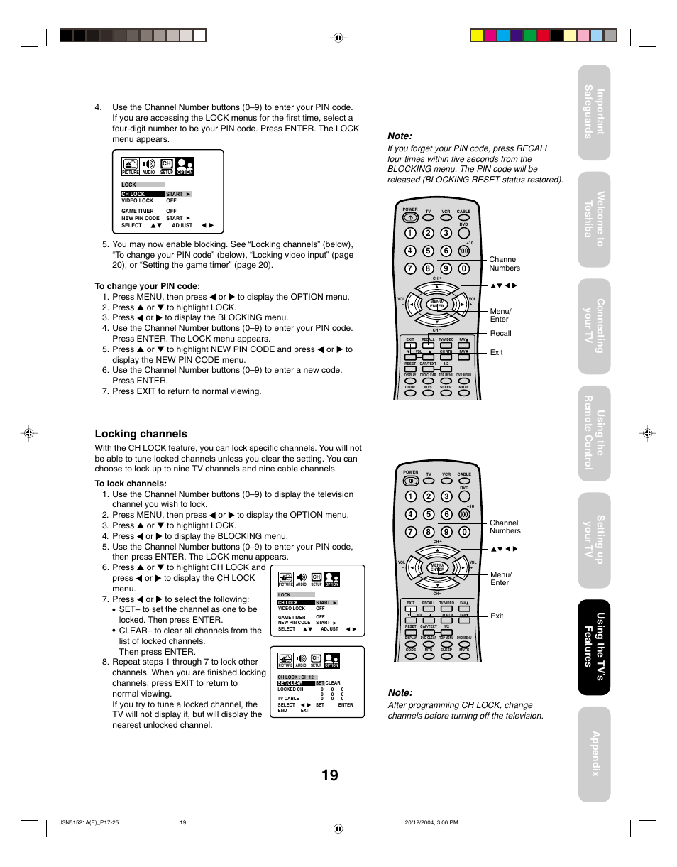 Locking channels, Using the tv ’s features | Toshiba 32A35C User Manual | Page 19 / 32