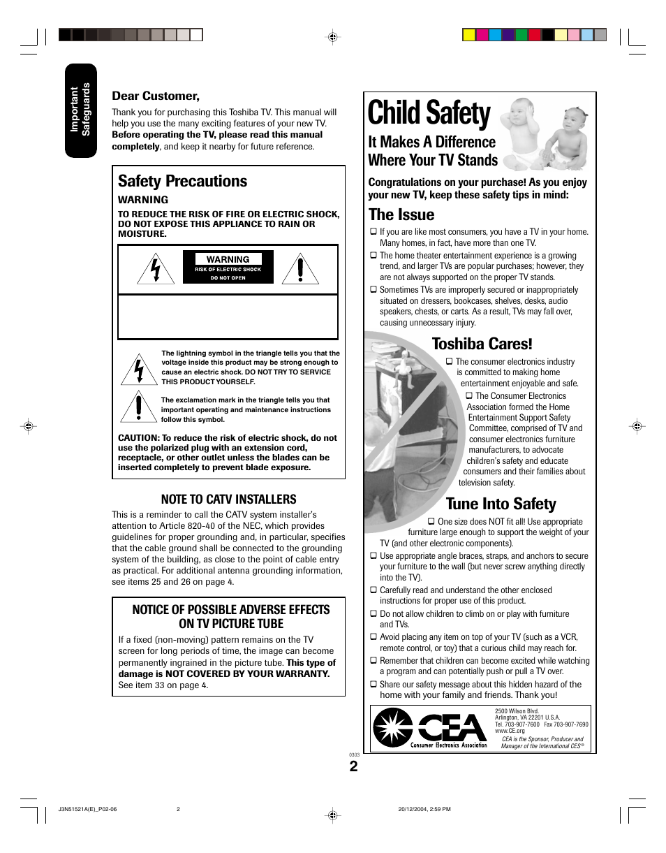 Child safety, It makes a difference where your tv stands, The issue | Toshiba cares, Tune into safety, Safety precautions | Toshiba 32A35C User Manual | Page 2 / 32