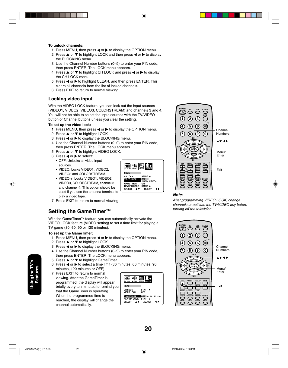 Setting the gametimer, Locking video input, Using the tv ’s features | Press exit to return to normal viewing, With the gametimer | Toshiba 32A35C User Manual | Page 20 / 32