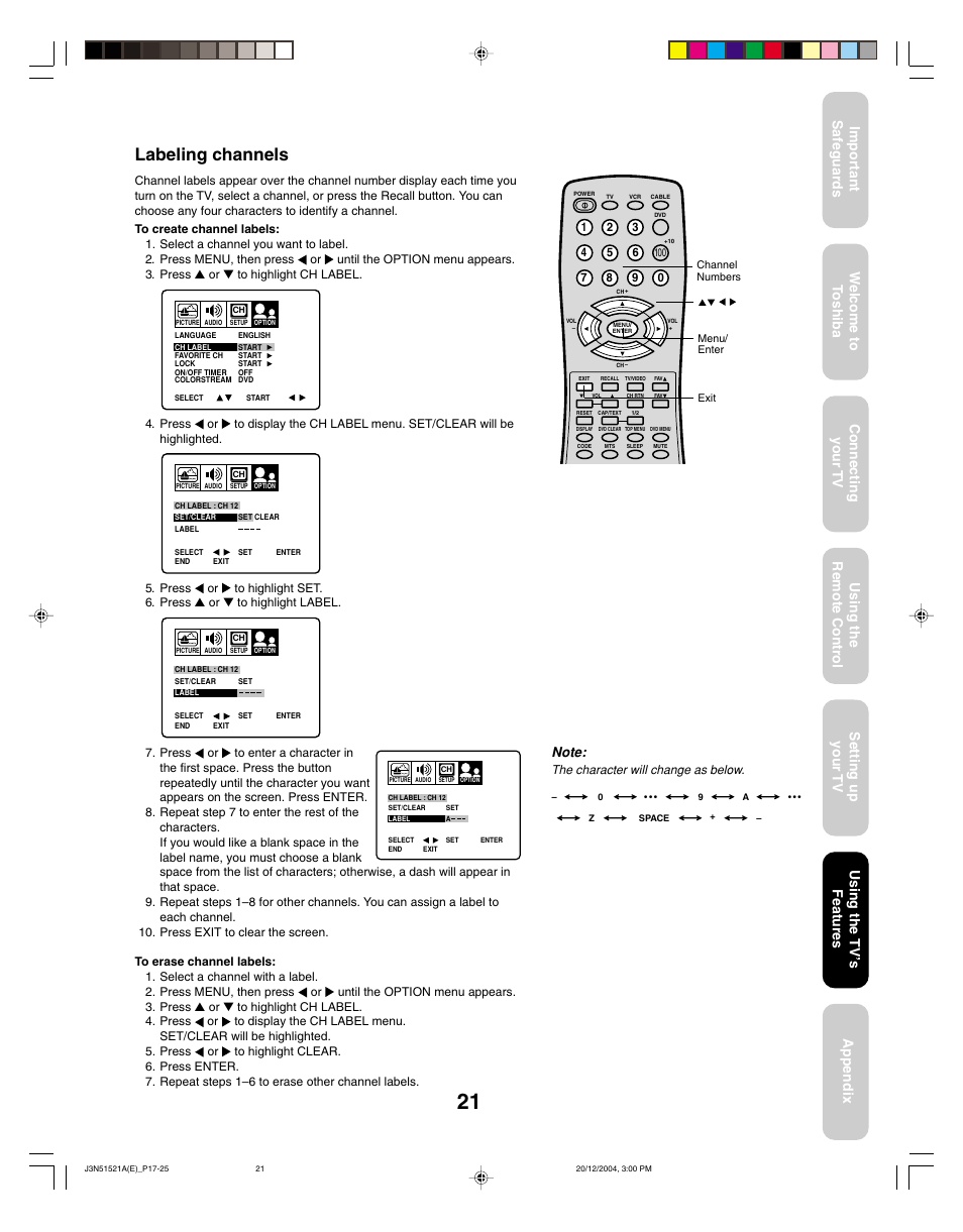 Labeling channels, Using the tv ’s features | Toshiba 32A35C User Manual | Page 21 / 32