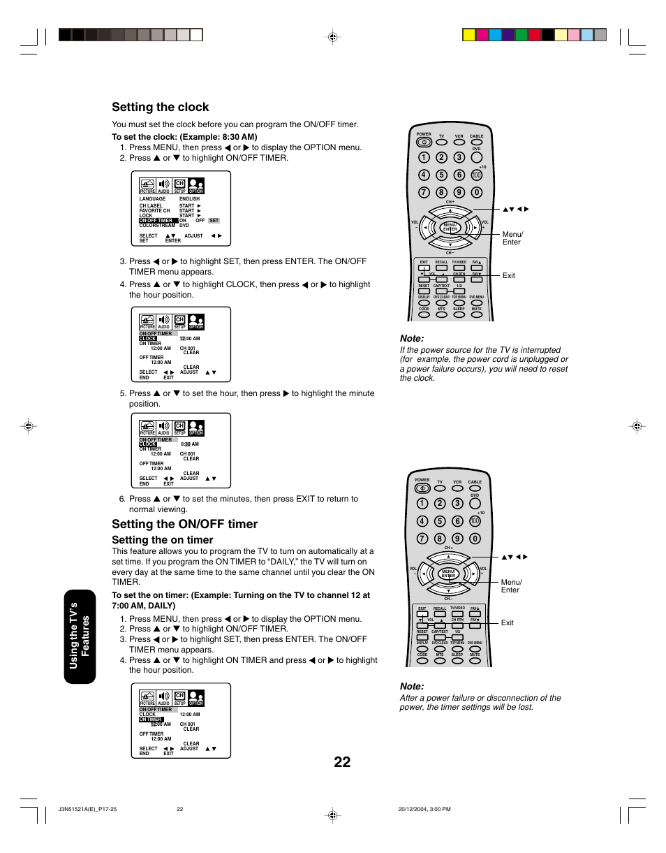 Setting the clock, Setting the on/off timer, Setting the on timer | Using the tv ’s features | Toshiba 32A35C User Manual | Page 22 / 32