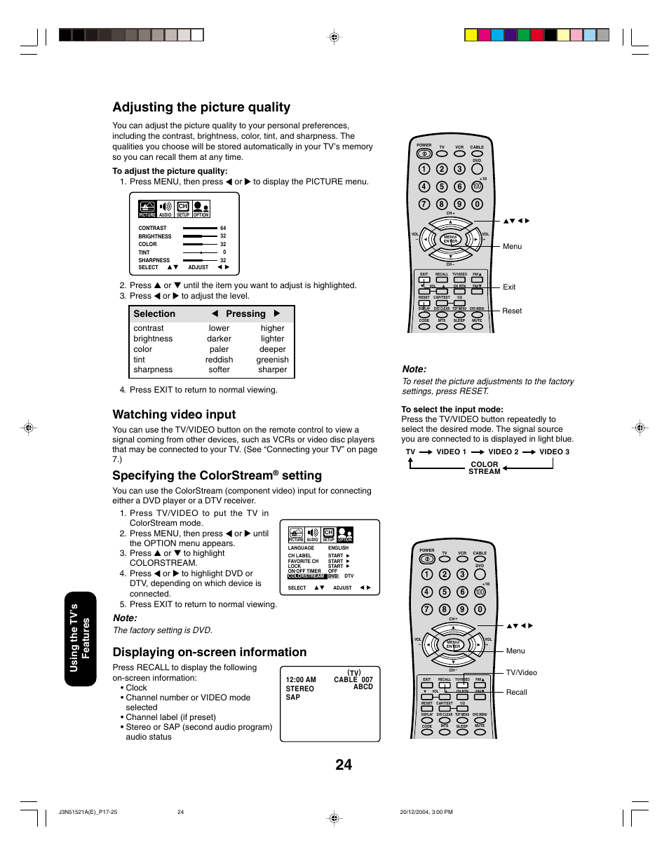 Adjusting the picture quality, Displaying on-screen information, Watching video input | Specifying the colorstream, Setting, Using the tv ’s features, Selection pressing | Toshiba 32A35C User Manual | Page 24 / 32