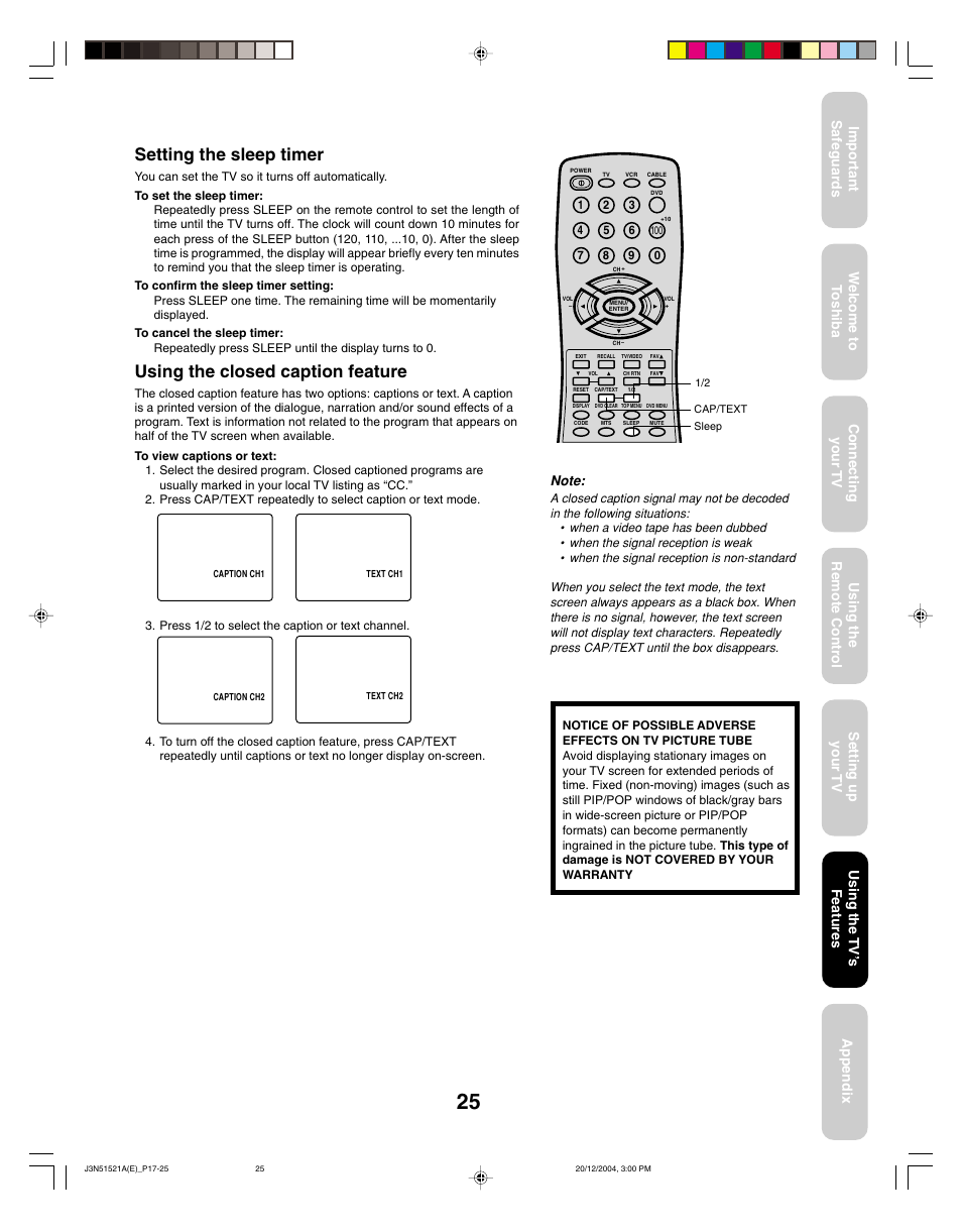 Setting the sleep timer, Using the closed caption feature, Using the tv ’s features | Toshiba 32A35C User Manual | Page 25 / 32