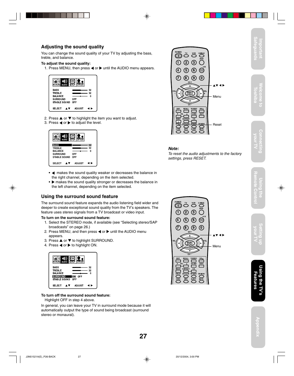 Adjusting the sound quality, Using the surround sound feature, Using the tv ’s features | Toshiba 32A35C User Manual | Page 27 / 32