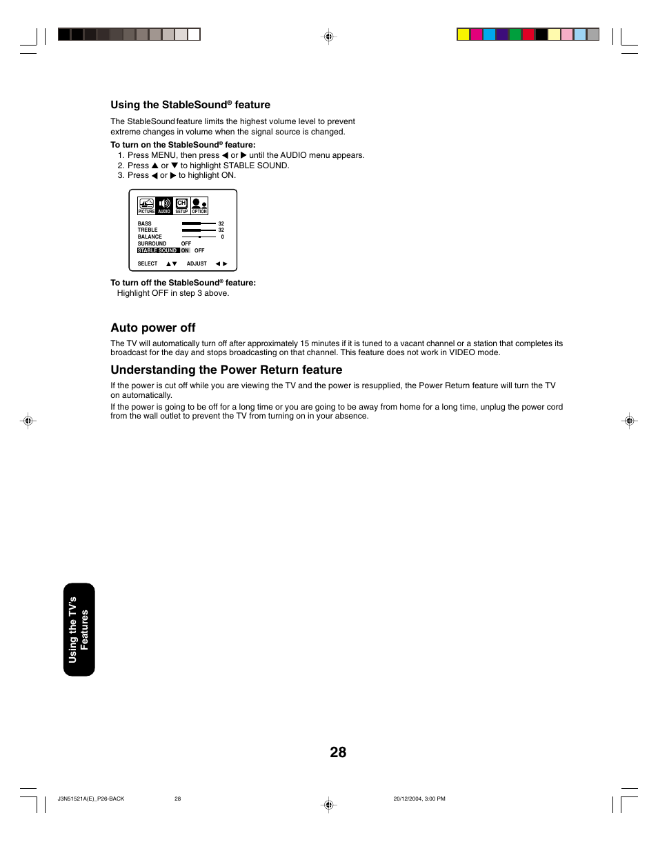 Auto power off, Understanding the power return feature, Using the stablesound | Feature, Using the tv ’s features | Toshiba 32A35C User Manual | Page 28 / 32