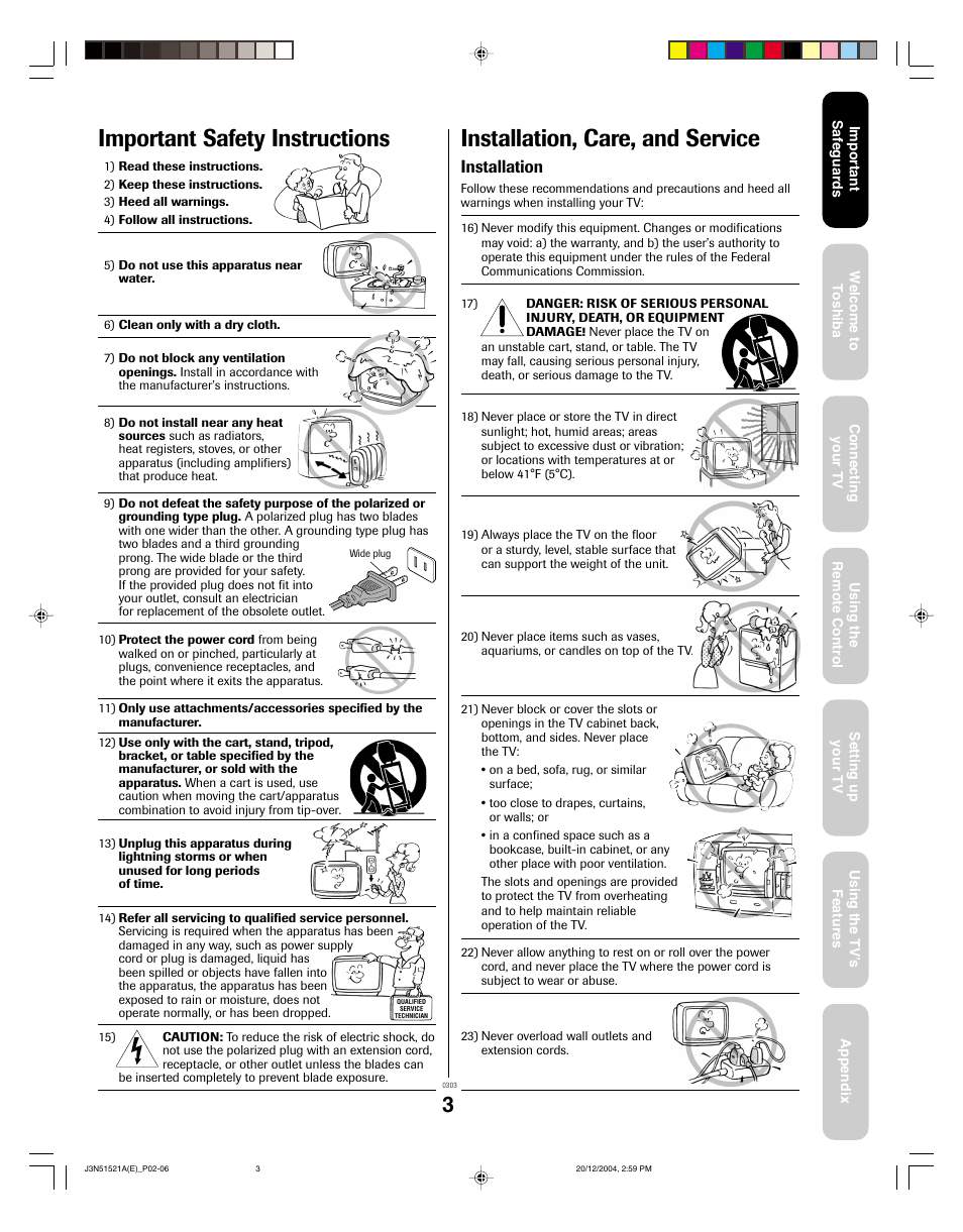 Important safety instructions, Installation, care, and service, Installation | Toshiba 32A35C User Manual | Page 3 / 32