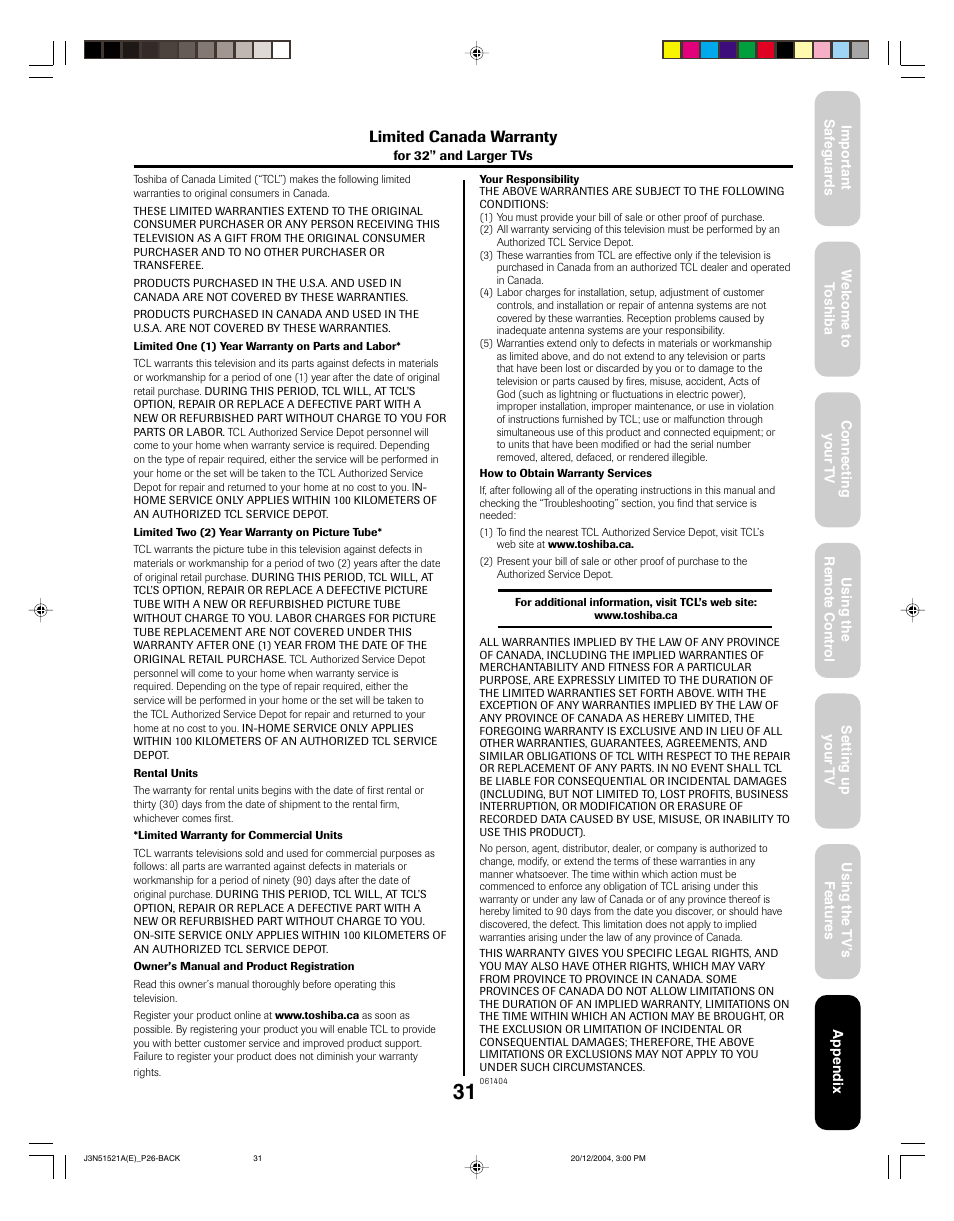 Limited canada warranty | Toshiba 32A35C User Manual | Page 31 / 32