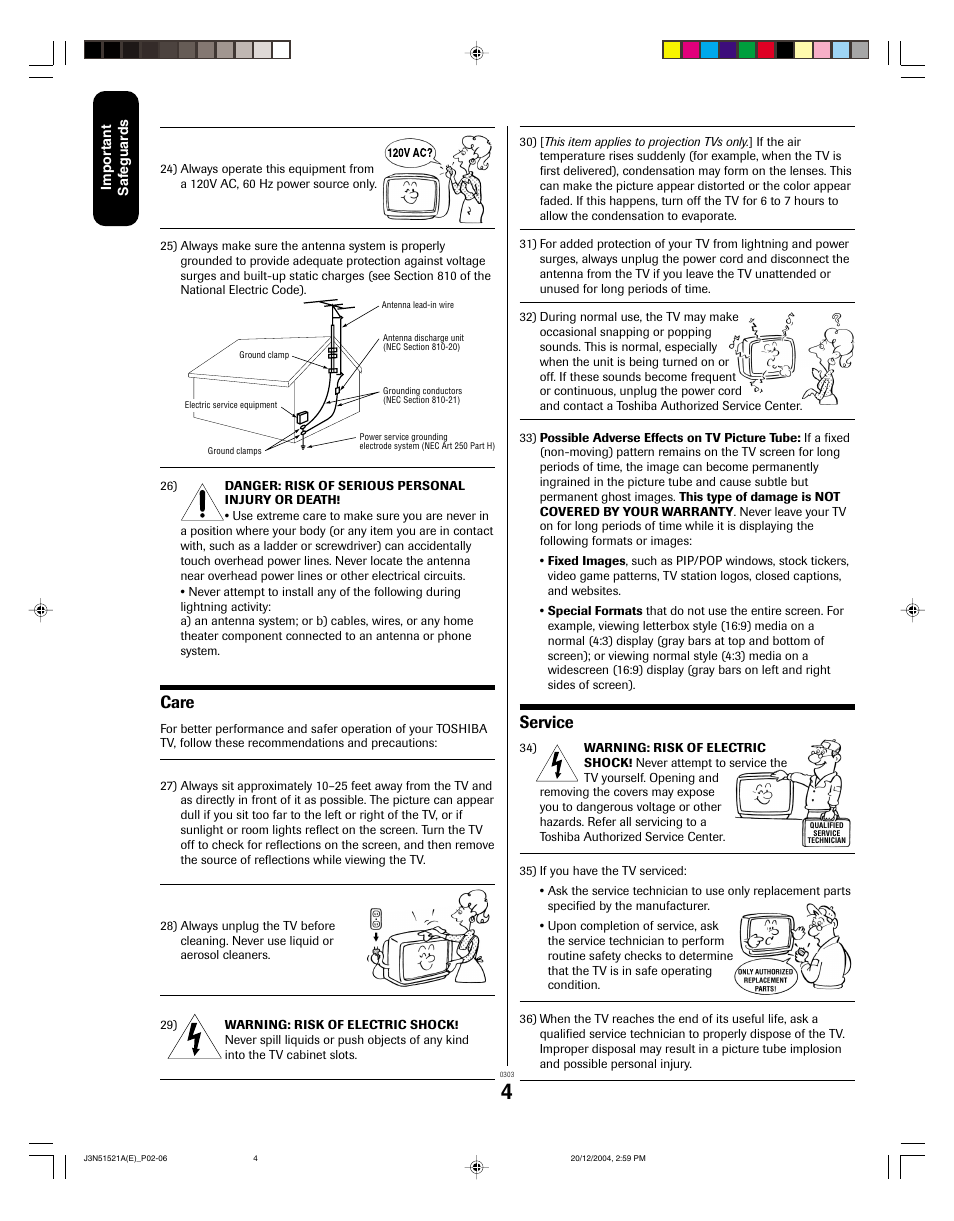 Care, Service | Toshiba 32A35C User Manual | Page 4 / 32