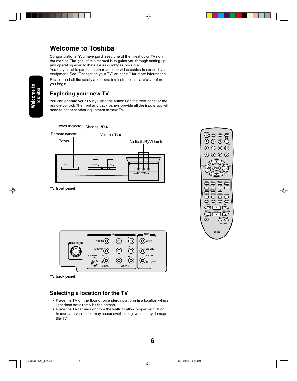 Welcome to toshiba, Selecting a location for the tv, Exploring your new tv | Welcome to t oshiba, Tv back panel | Toshiba 32A35C User Manual | Page 6 / 32