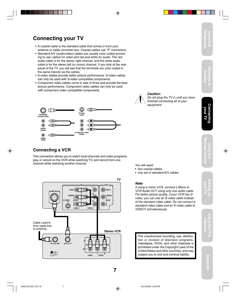 Connecting a vcr, Connecting your tv | Toshiba 32A35C User Manual | Page 7 / 32