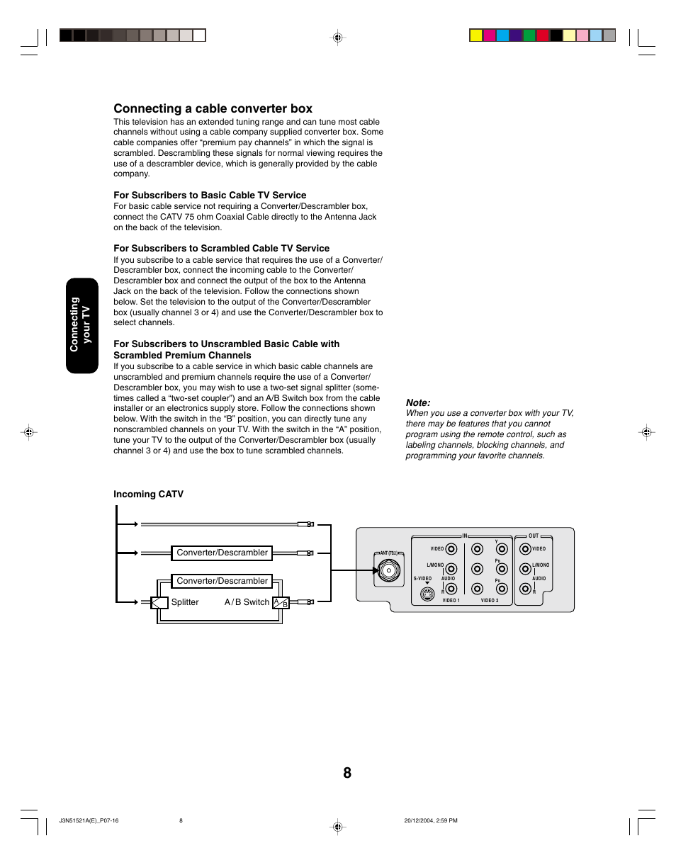 Connecting a cable converter box, Connecting your tv | Toshiba 32A35C User Manual | Page 8 / 32