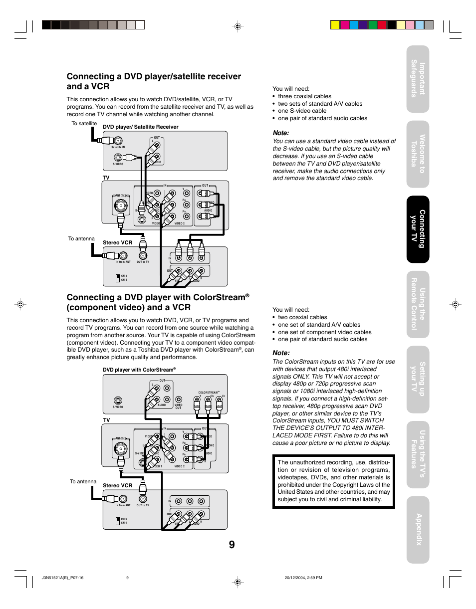 Connecting a dvd player with colorstream, Component video) and a vcr, Connecting your tv | Toshiba 32A35C User Manual | Page 9 / 32