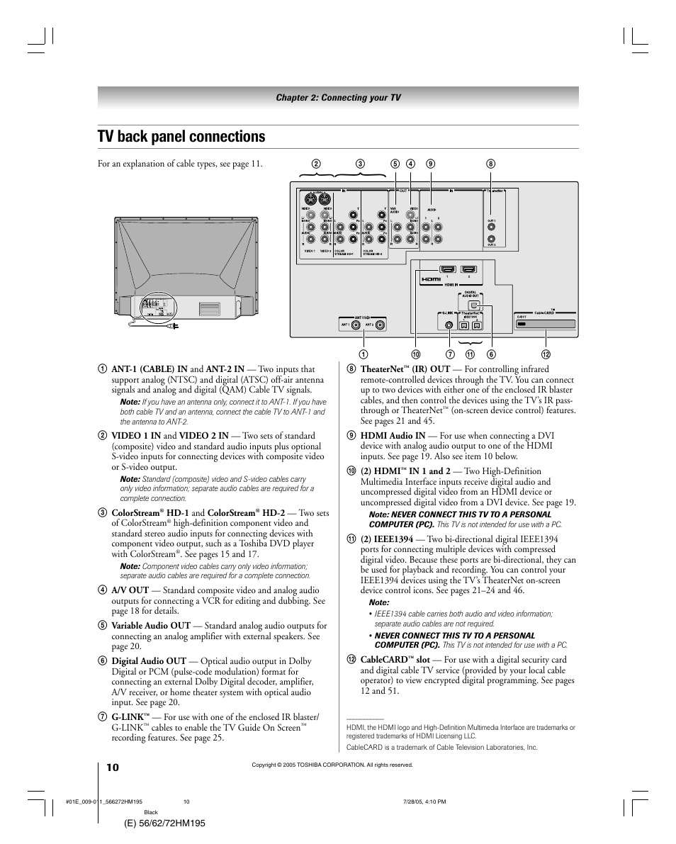 Tv back panel connections | Toshiba Integrated High Definition DLP 56HM195 User Manual | Page 10 / 112