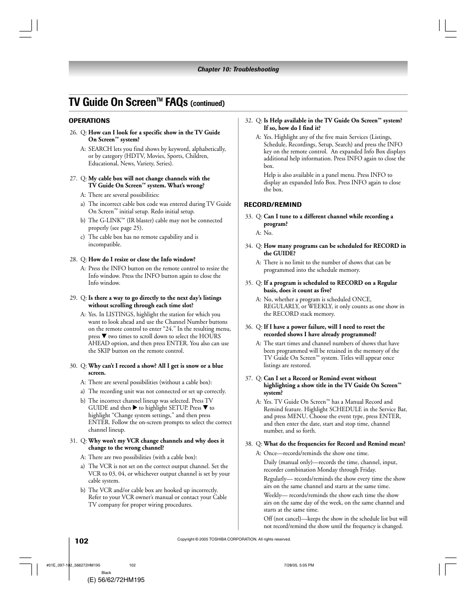 Tv guide on screen™ faqs | Toshiba Integrated High Definition DLP 56HM195 User Manual | Page 102 / 112