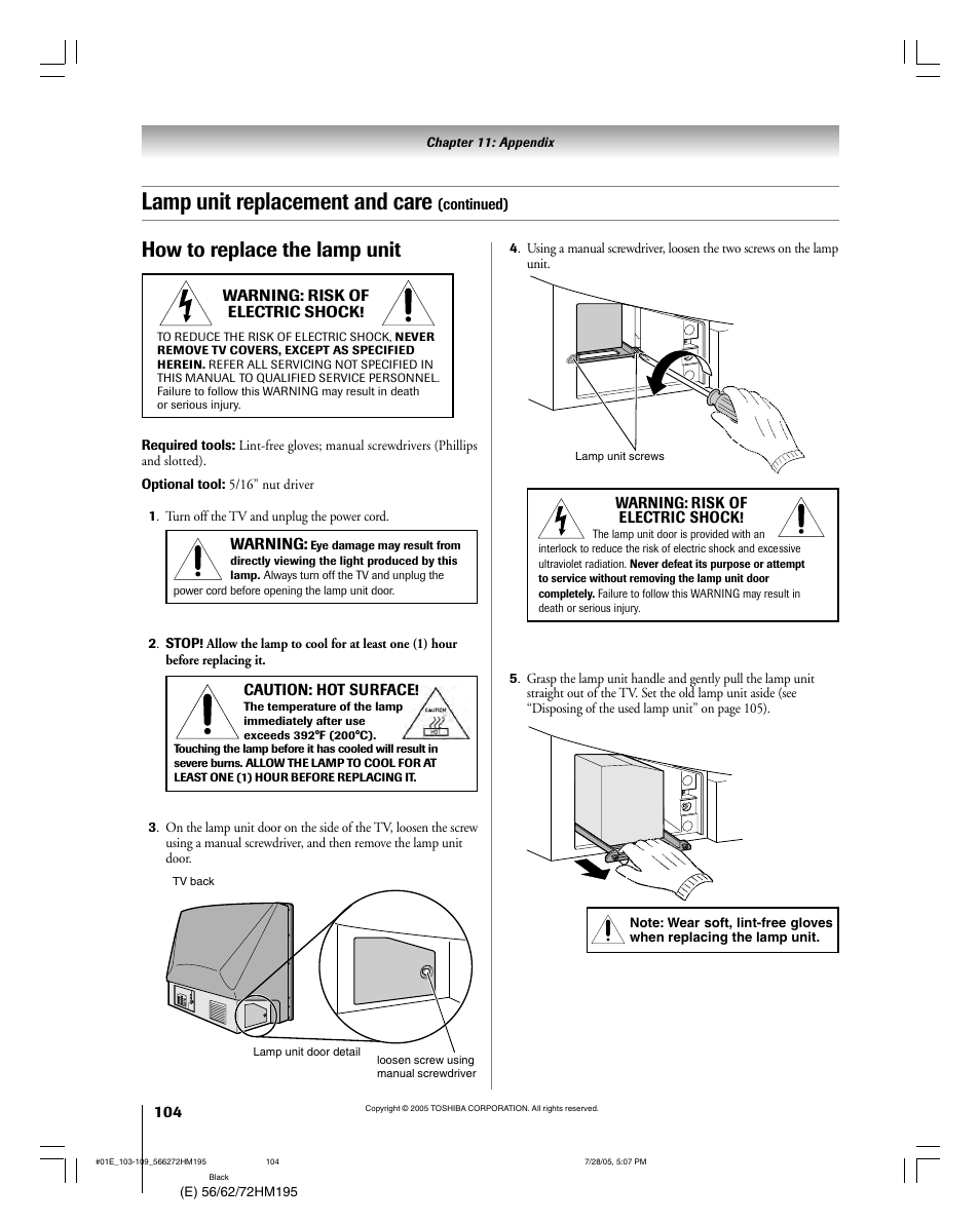 Lamp unit replacement and care, How to replace the lamp unit | Toshiba Integrated High Definition DLP 56HM195 User Manual | Page 104 / 112