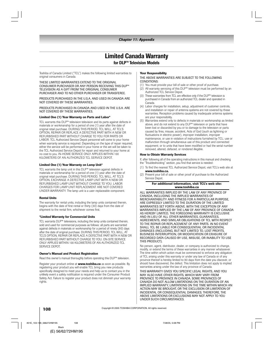 Limited canada warranty, For dlp™ television models | Toshiba Integrated High Definition DLP 56HM195 User Manual | Page 108 / 112