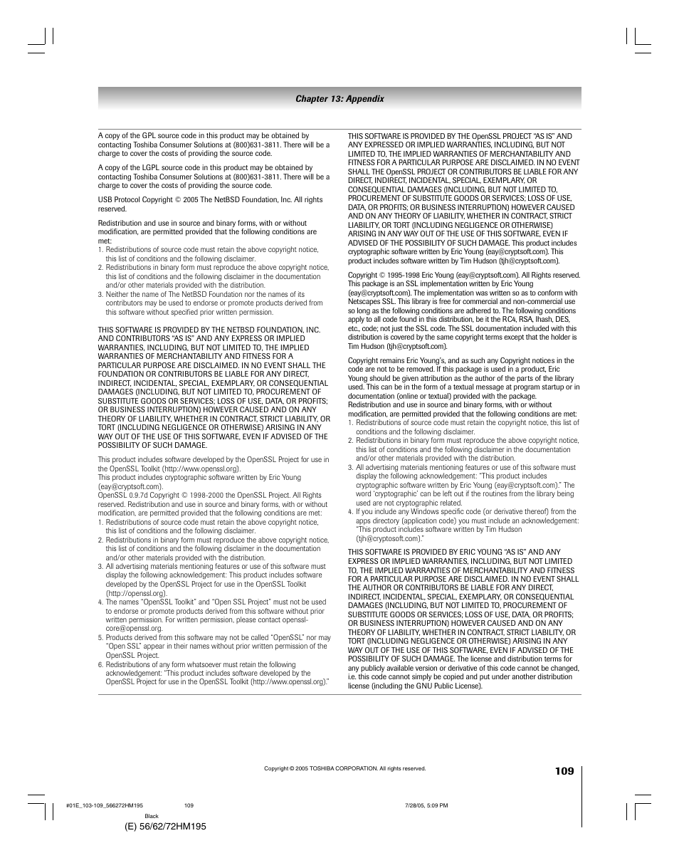 Toshiba Integrated High Definition DLP 56HM195 User Manual | Page 109 / 112