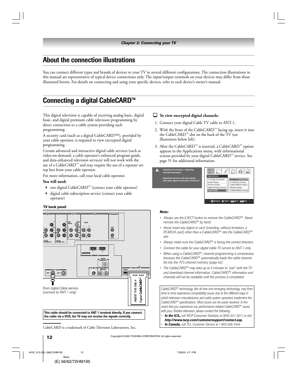 About the connection illustrations, Connecting a digital cablecard | Toshiba Integrated High Definition DLP 56HM195 User Manual | Page 12 / 112