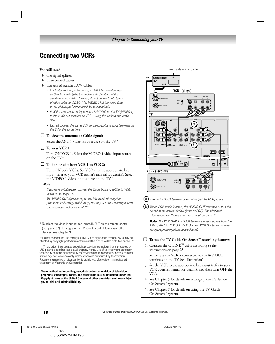 Connecting two vcrs | Toshiba Integrated High Definition DLP 56HM195 User Manual | Page 18 / 112