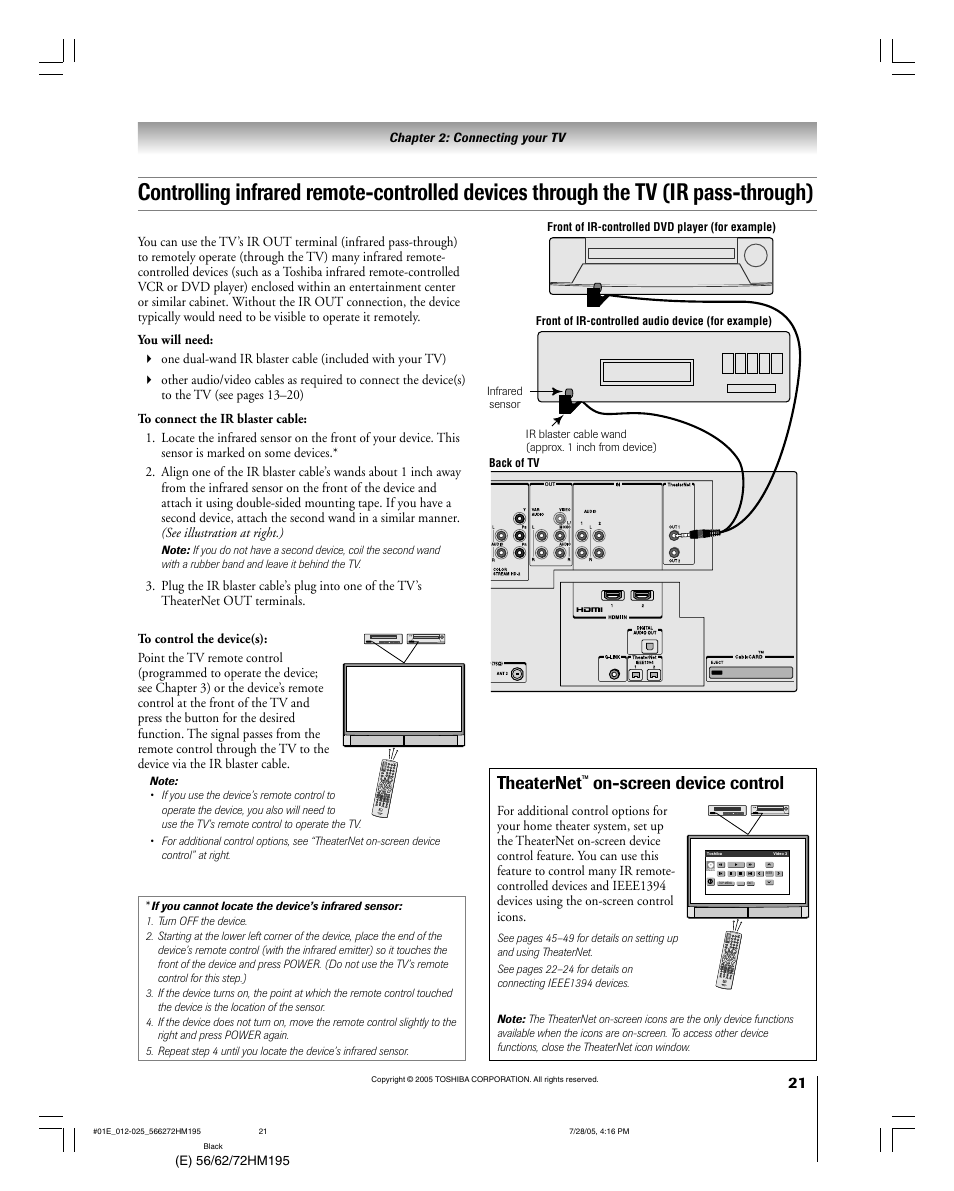 Theaternet, On-screen device control | Toshiba Integrated High Definition DLP 56HM195 User Manual | Page 21 / 112