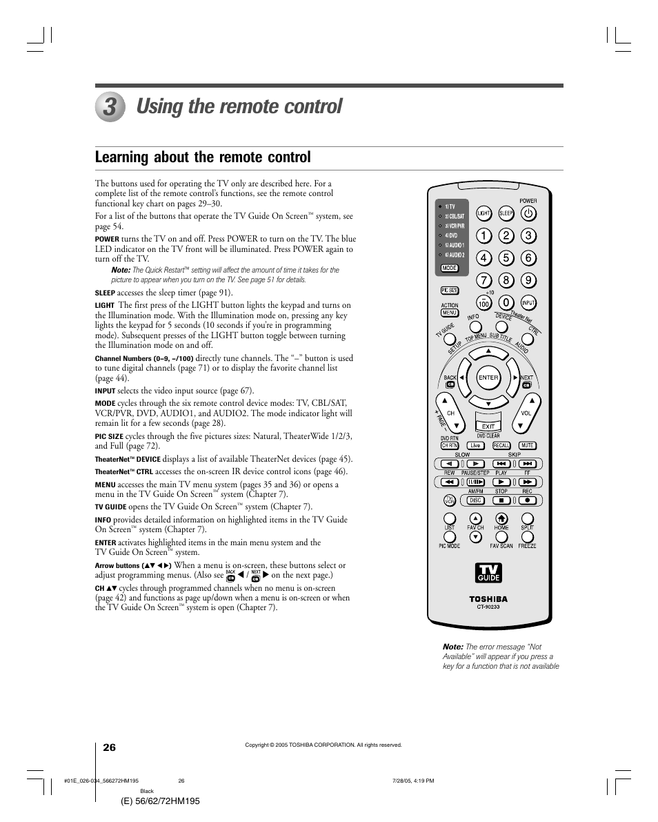 Using the remote control, Learning about the remote control | Toshiba Integrated High Definition DLP 56HM195 User Manual | Page 26 / 112