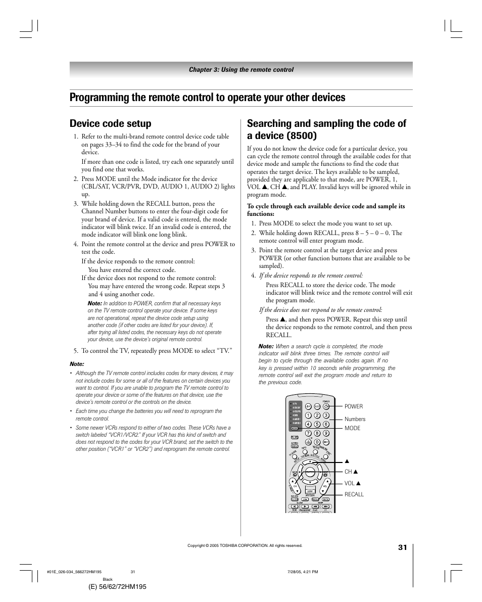 Searching and sampling the code of a device (8500), Device code setup | Toshiba Integrated High Definition DLP 56HM195 User Manual | Page 31 / 112