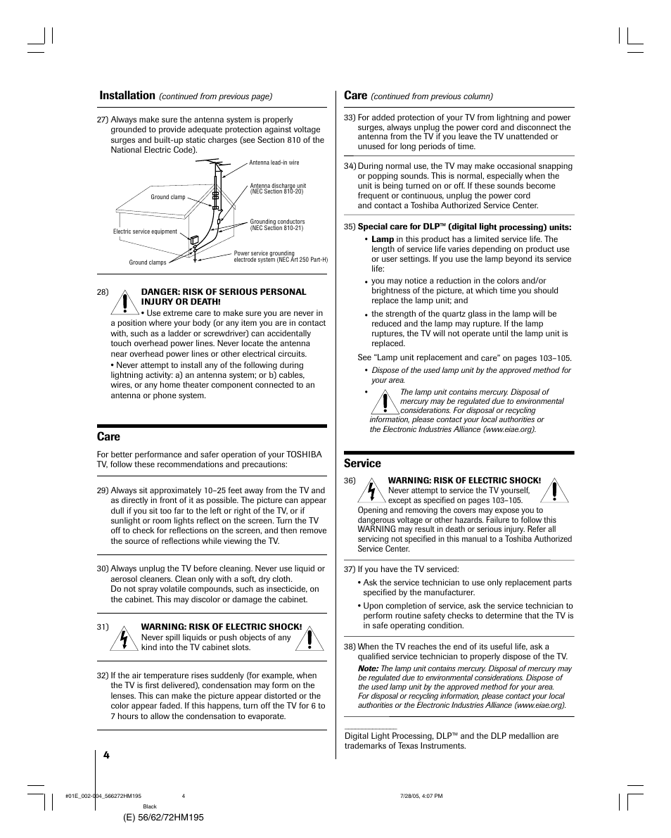 Installation, Care, Service | Toshiba Integrated High Definition DLP 56HM195 User Manual | Page 4 / 112