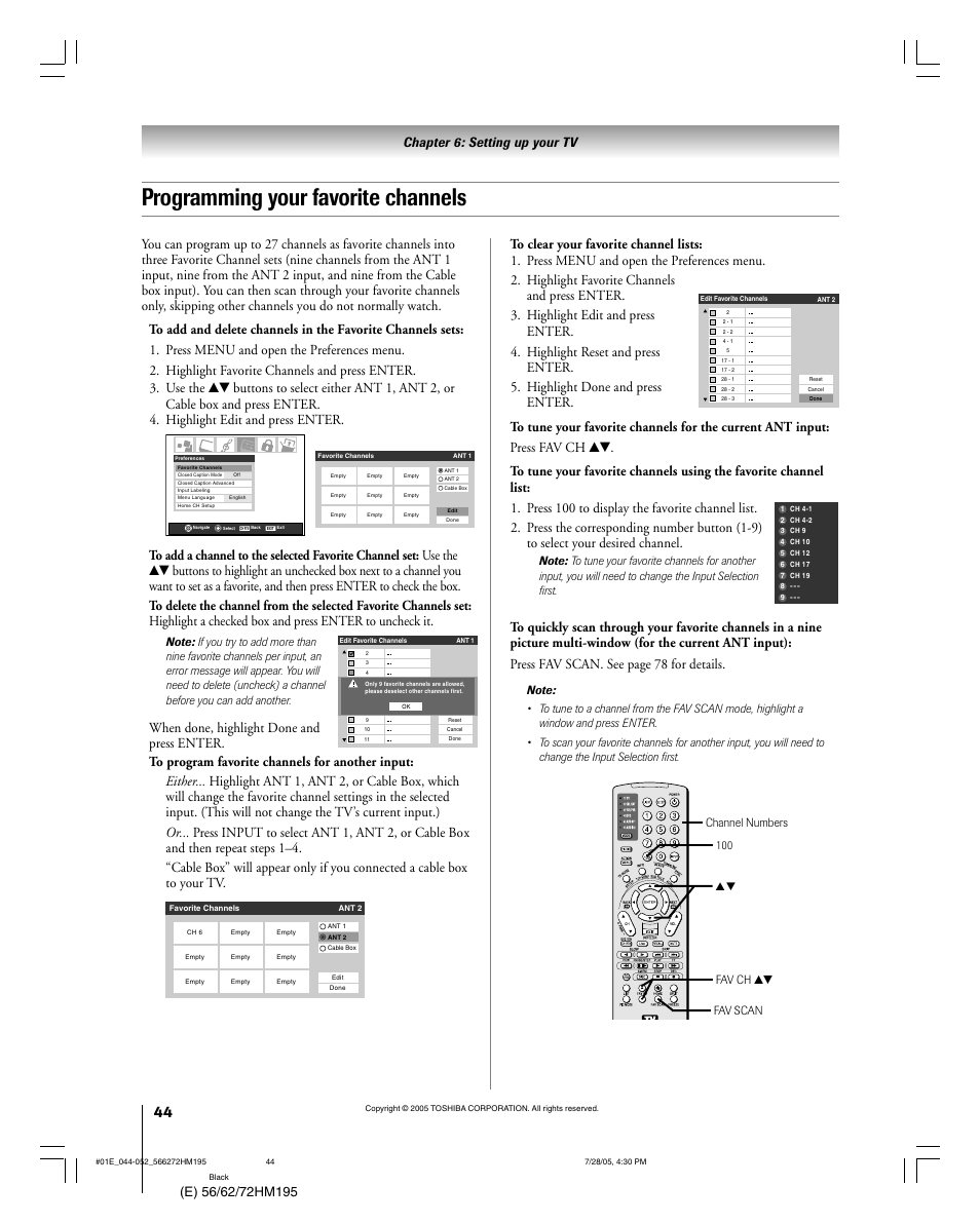 Programming your favorite channels | Toshiba Integrated High Definition DLP 56HM195 User Manual | Page 44 / 112