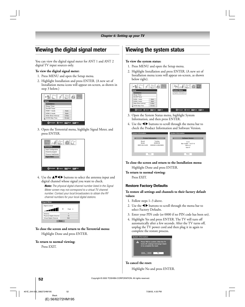 Restore factory defaults | Toshiba Integrated High Definition DLP 56HM195 User Manual | Page 52 / 112