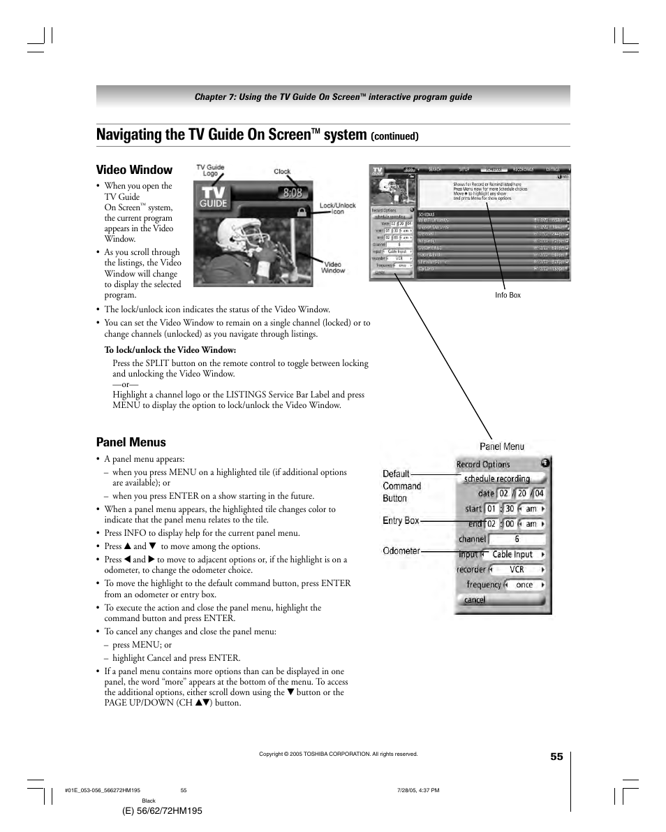 Navigating the tv guide on screen™ system, Panel menus, Video window | Toshiba Integrated High Definition DLP 56HM195 User Manual | Page 55 / 112
