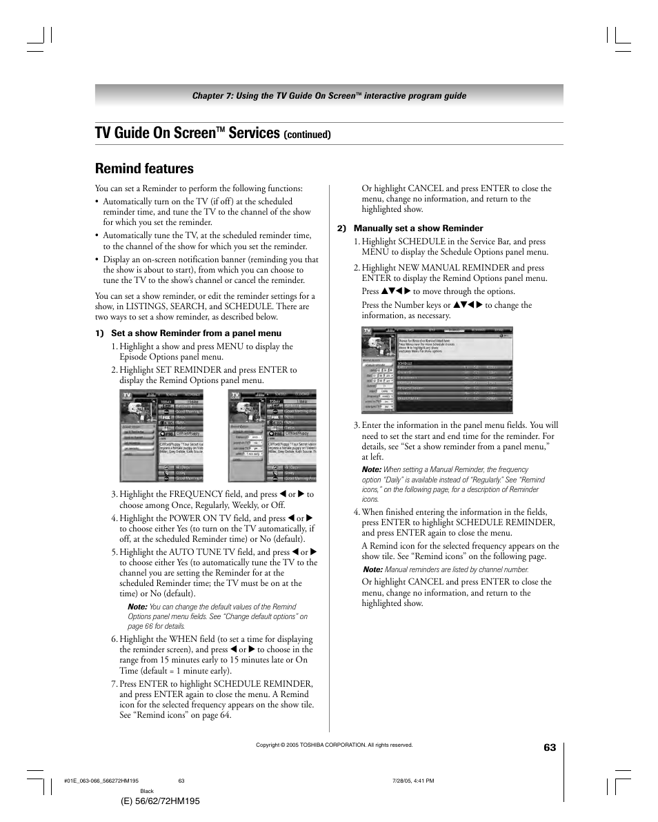 Tv guide on screen™ services, Remind features | Toshiba Integrated High Definition DLP 56HM195 User Manual | Page 63 / 112