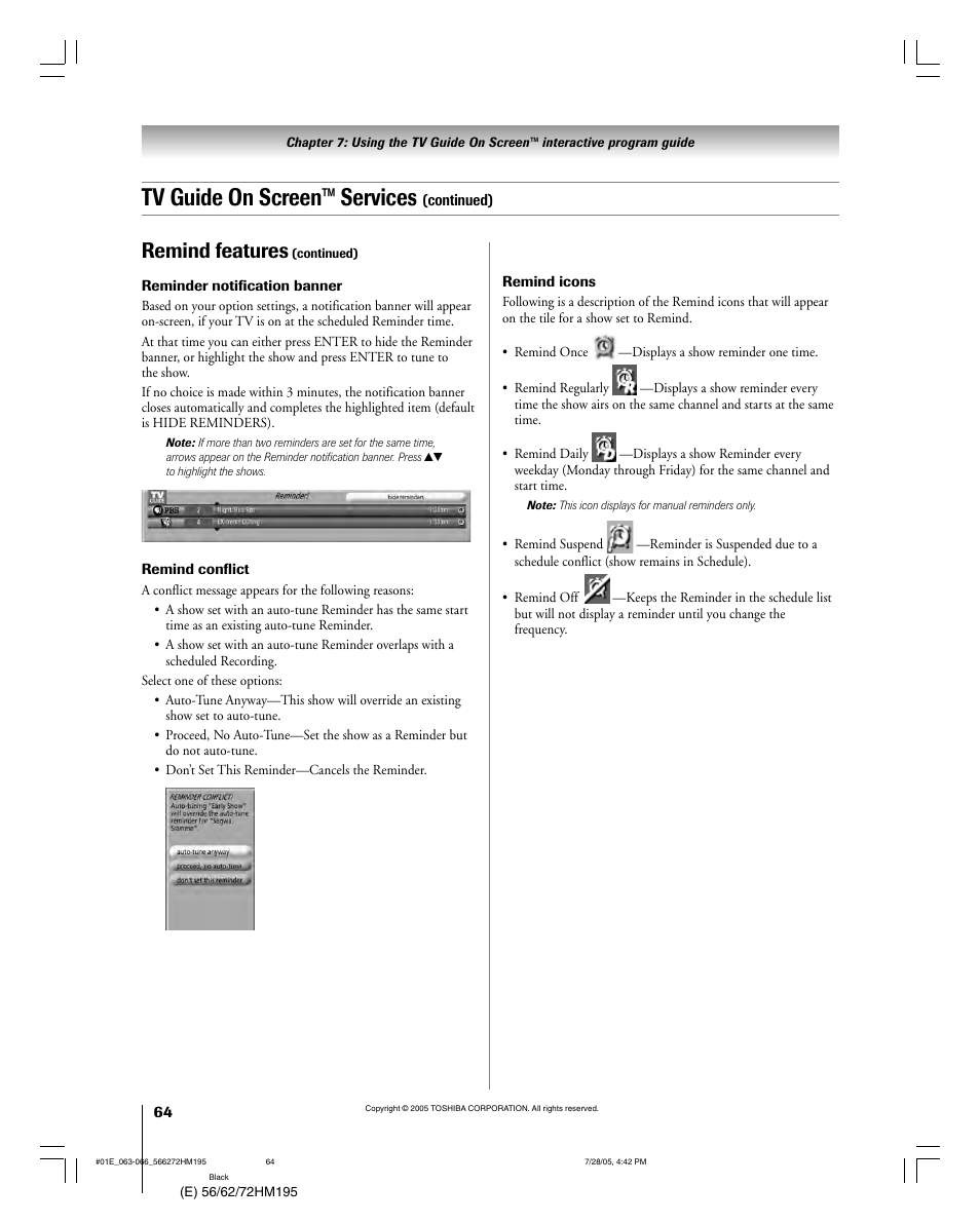 Tv guide on screen™ services, Remind features | Toshiba Integrated High Definition DLP 56HM195 User Manual | Page 64 / 112