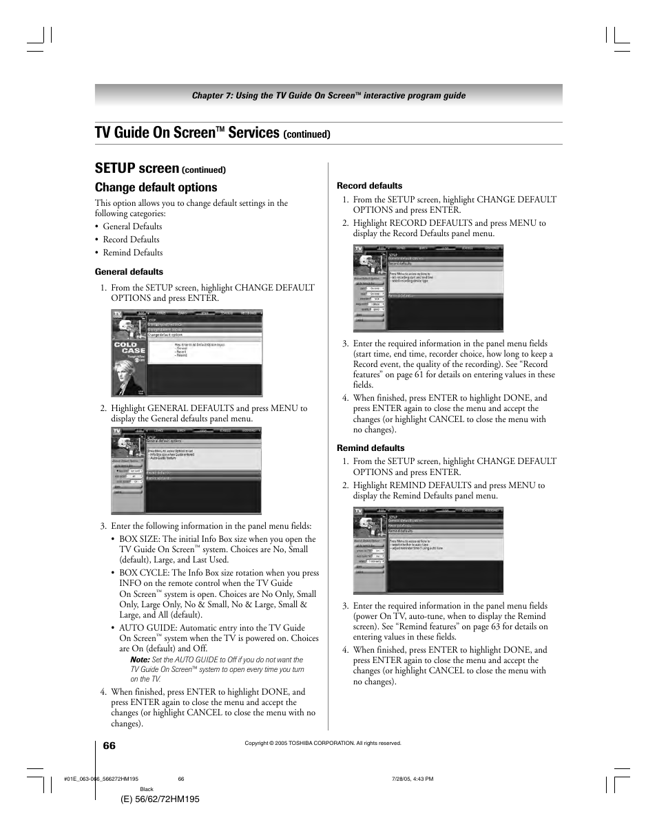 Tv guide on screen™ services, Setup screen, Change default options | Toshiba Integrated High Definition DLP 56HM195 User Manual | Page 66 / 112