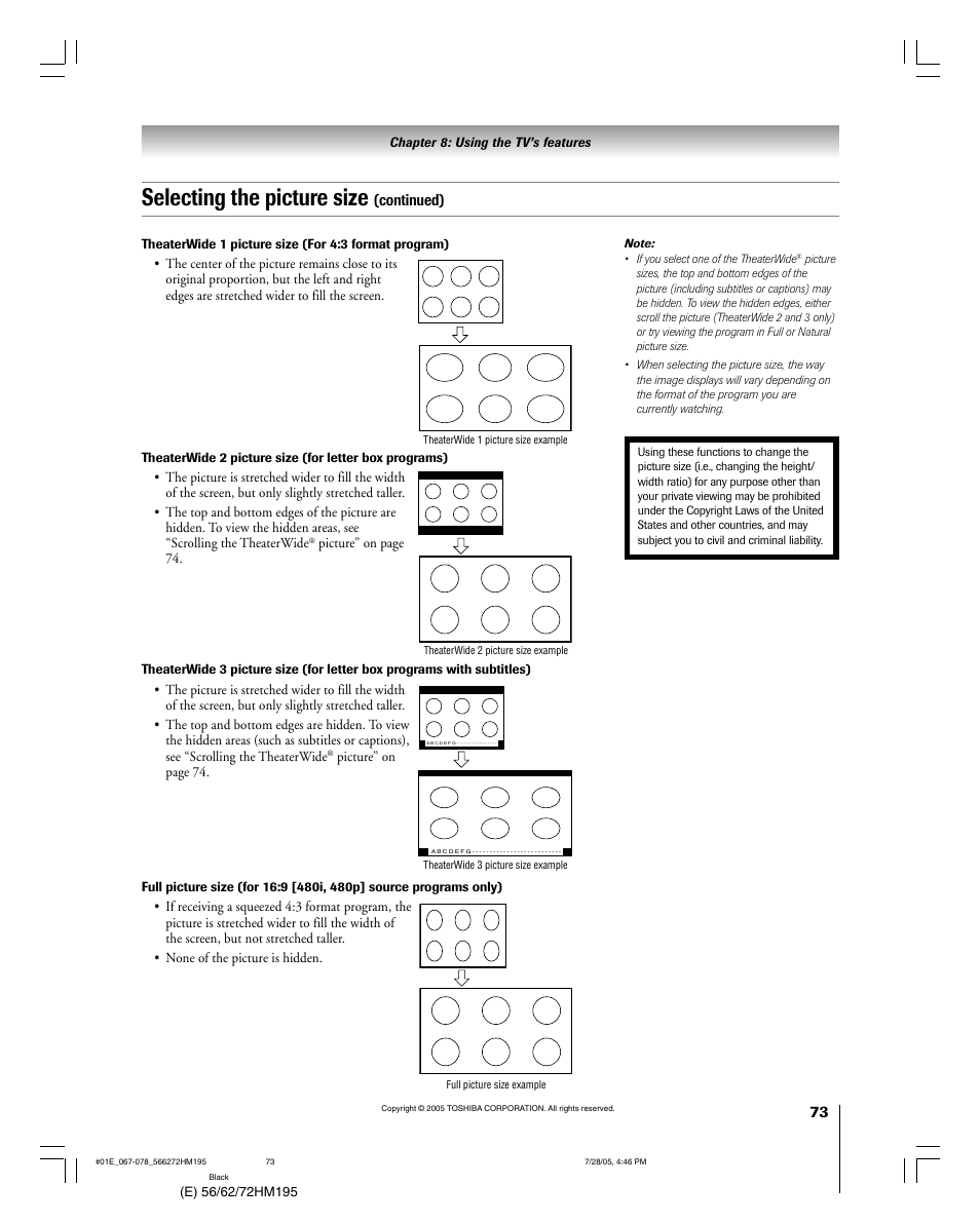 Selecting the picture size, Continued) | Toshiba Integrated High Definition DLP 56HM195 User Manual | Page 73 / 112