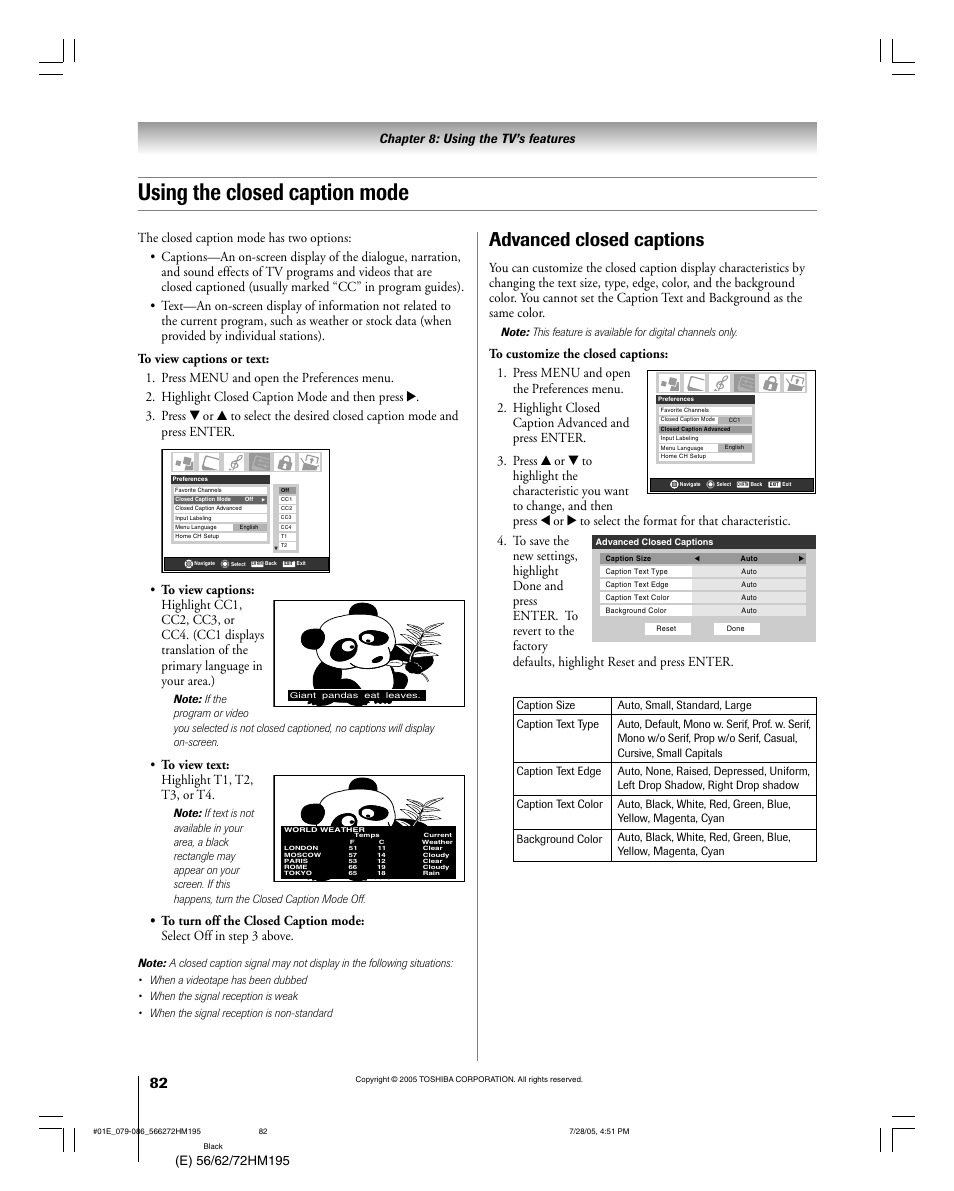 Using the closed caption mode, Advanced closed captions, Chapter 8: using the tv’s features | Toshiba Integrated High Definition DLP 56HM195 User Manual | Page 82 / 112