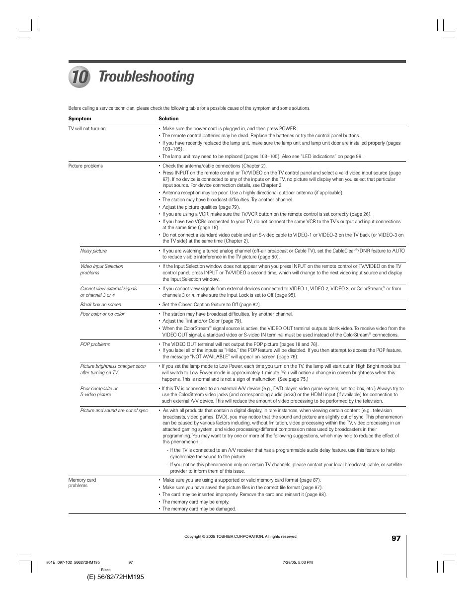 Troubleshooting | Toshiba Integrated High Definition DLP 56HM195 User Manual | Page 97 / 112