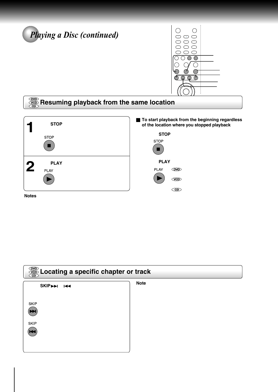 Playing a disc (continued), Resuming playback from the same location, Locating a specific chapter or track | Toshiba SD-370EKE User Manual | Page 18 / 38