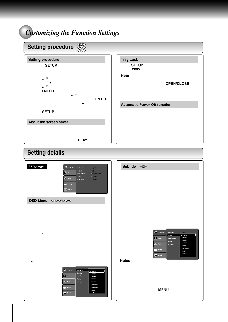 Customizing the function settings, Setting procedure setting details | Toshiba SD-370EKE User Manual | Page 28 / 38