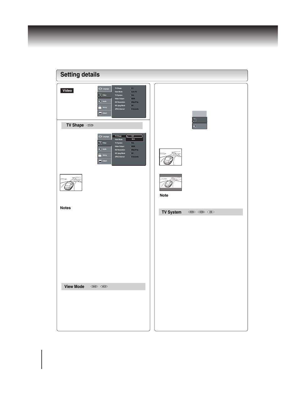 Setting details, Tv shape, Function setup | View mode, Tv system | Toshiba SD-370EKE User Manual | Page 30 / 38