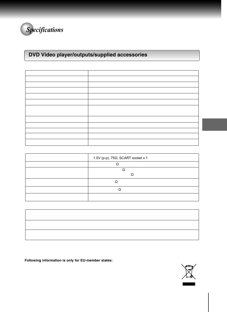 Specifications, Dvd video player/outputs/supplied accessories | Toshiba SD-370EKE User Manual | Page 37 / 38