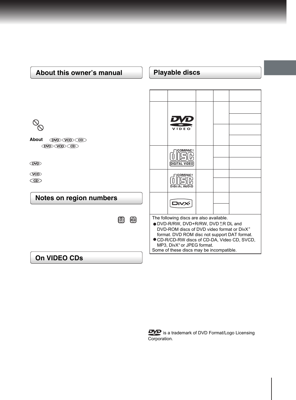 About this owner’s manual, On video cds, Playable discs | Toshiba SD-370EKE User Manual | Page 9 / 38