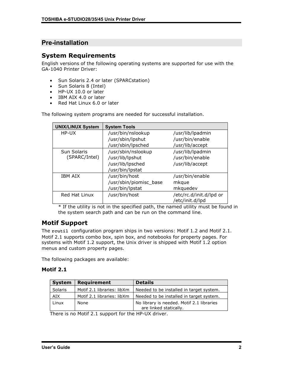 Pre-installation, System requirements, Motif support | Motif 2.1, Ystem, Equirements, Otif, Upport | Toshiba e-STUDIO35 User Manual | Page 10 / 53
